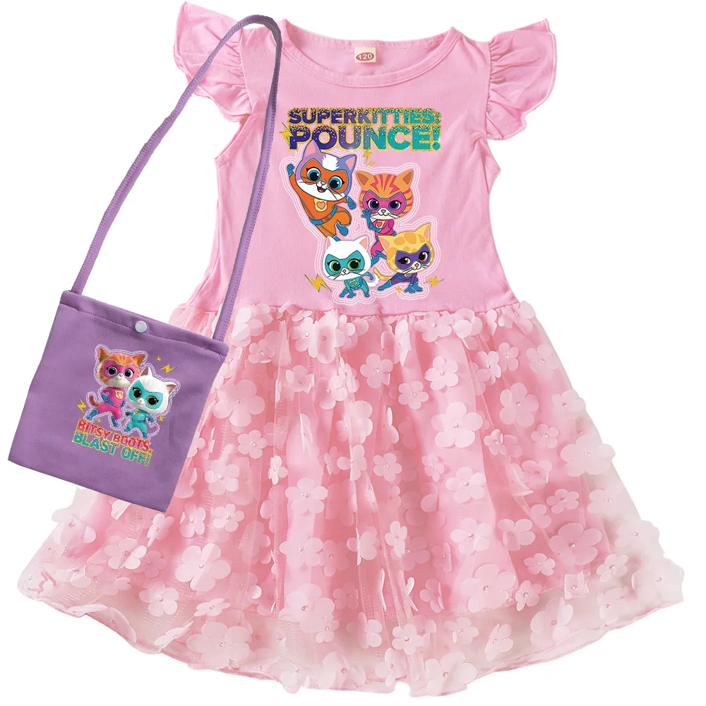 Детское летнее кружевное платье с принтом в виде кошек