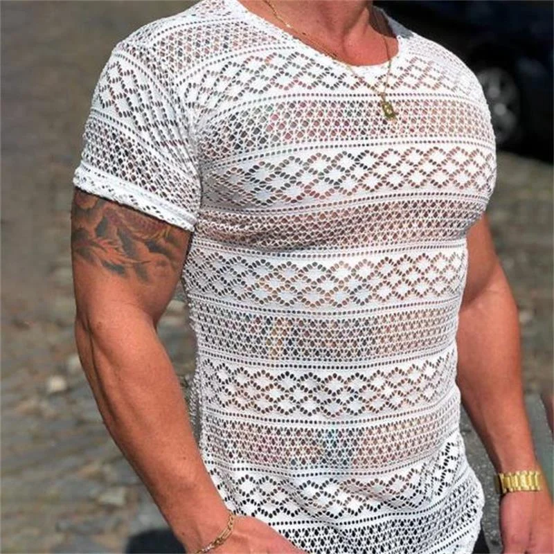 

Camiseta de manga corta con encaje para hombre, ropa informal de cuello redondo, ajustada, de verano, superventas