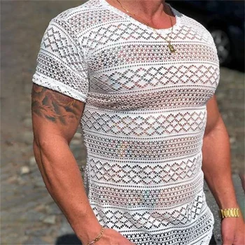 T Shirt Men Lace Hollow Out Short Sleeve Shirts Summer Mens Clothing Best Seller Men's Casual Round Neck Slim Fit Tshirt Tops 1