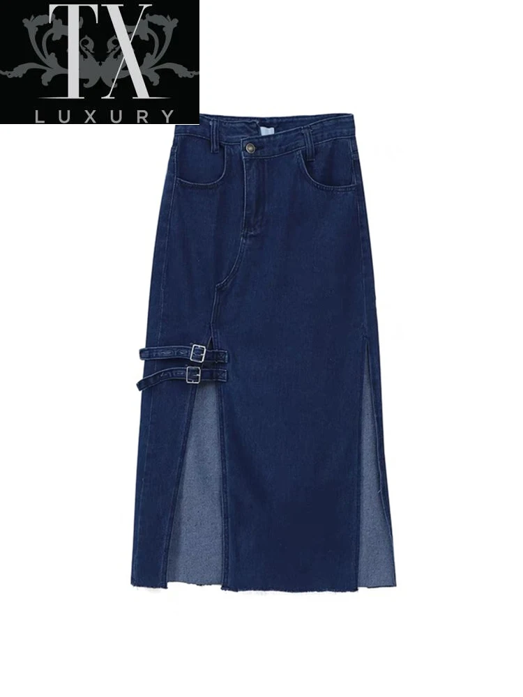 

Summer 2022 New Women's Long Denim Vintage Fashion High Wasit Jeans Female Straight Side Split A-line Pencil Skirts