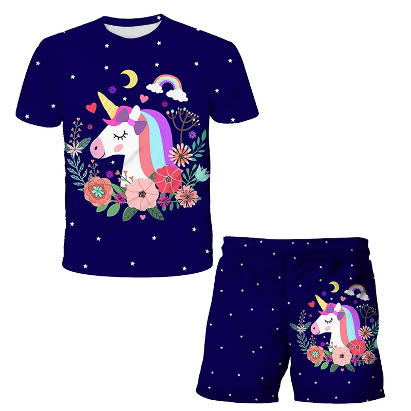 

Children Boys And Girls Unicorn Clothes Sets Summer Kids Short Sleeve T-shirt + Short Pants Cartoon Casual Game Clothing 4-14 Y