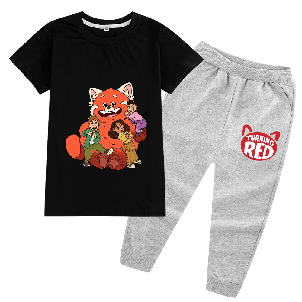 

2022 New Disney Summer Turning Red Cartoon Printing Boys and Girls Short-Sleeved T-Shirt + Trousers Suit Two-Piece Set 2-16Y