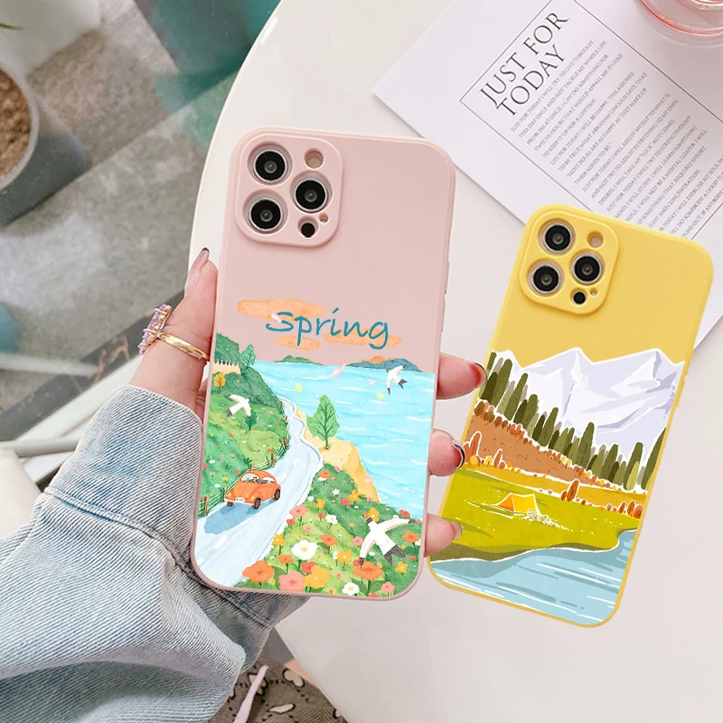 

Fashion Hand painting scenery Case For iPhone 14 13 12 11 Pro Max XR XS X 7 8 Plus SE Luxury Silicone Bumper Clear Hard PC Cover