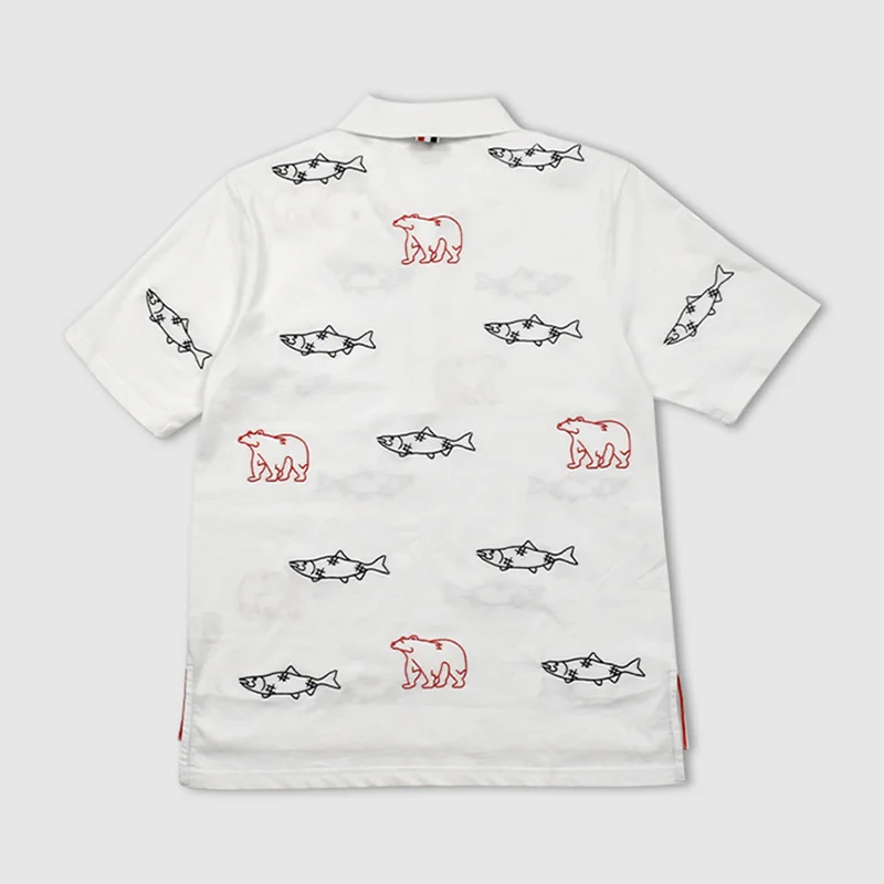 BROWNE T-shirt TB Summer Fashion Tops Fine Cotton Jersey Short Sleeve Lapel Men's Clothing Fish Bear Embroidery Polo Shirt