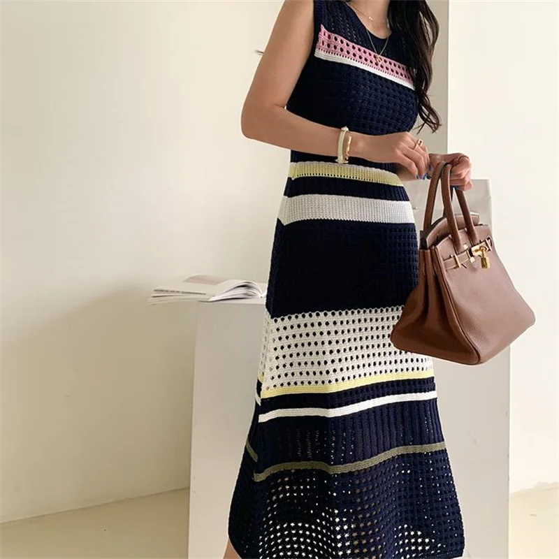 

Hollow vest sleeveless stripe knitted dress stretch women long dress ladies