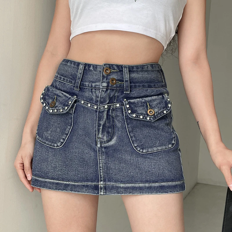 Summer Slim Fashion Sweet Patchwork Rhinestone Pockets High Waist Women Casual Vintage Mini Skirt A-line Washed Denim Skirts