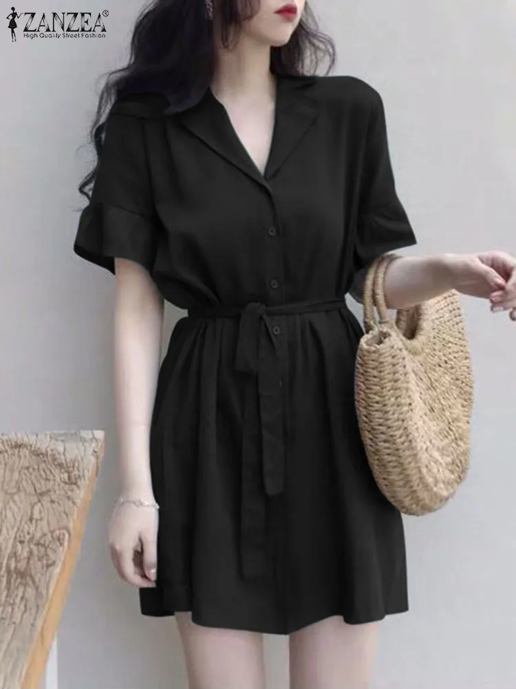 

ZANZEA Women Tie Waist Suit Dress Buttons Up Fashion Vestidos Office Solid Robes 2023 Summer Casual Notched Collar Mini Dress