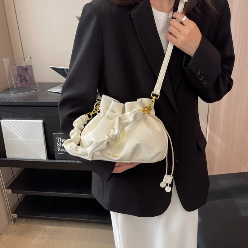 Women's Retro Fashion PU Fold Crossbody Bags for Women Simple Luxury Sac Shoulder Small Bucket Underarm Bolsa Feminina Handbags