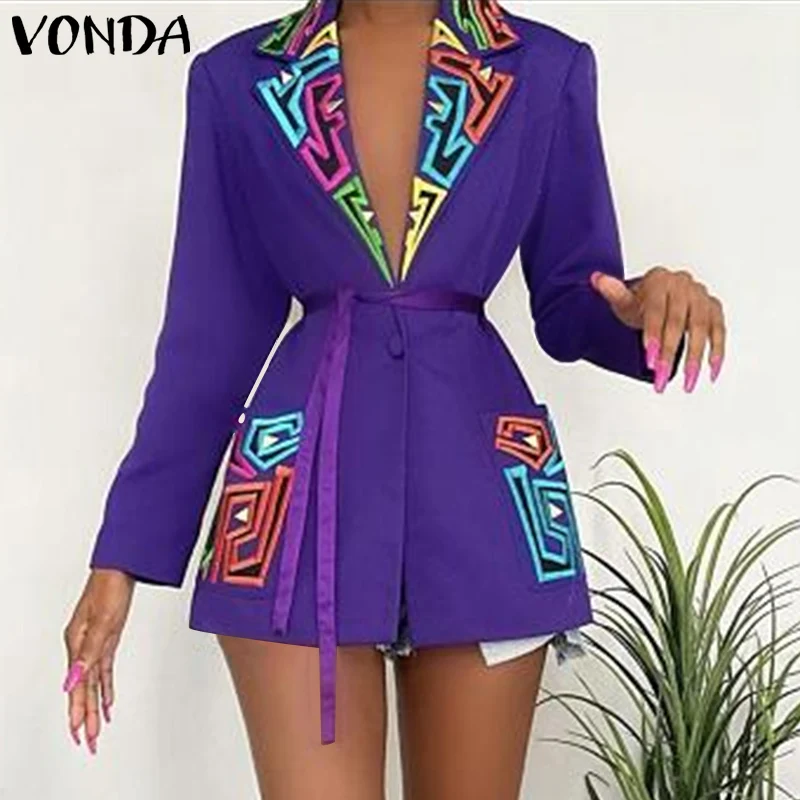 

Women Fashion Lapel Collar Printed Long Sleeve Suits Pleated Tunic Casual Coats With Belt Veste Femme