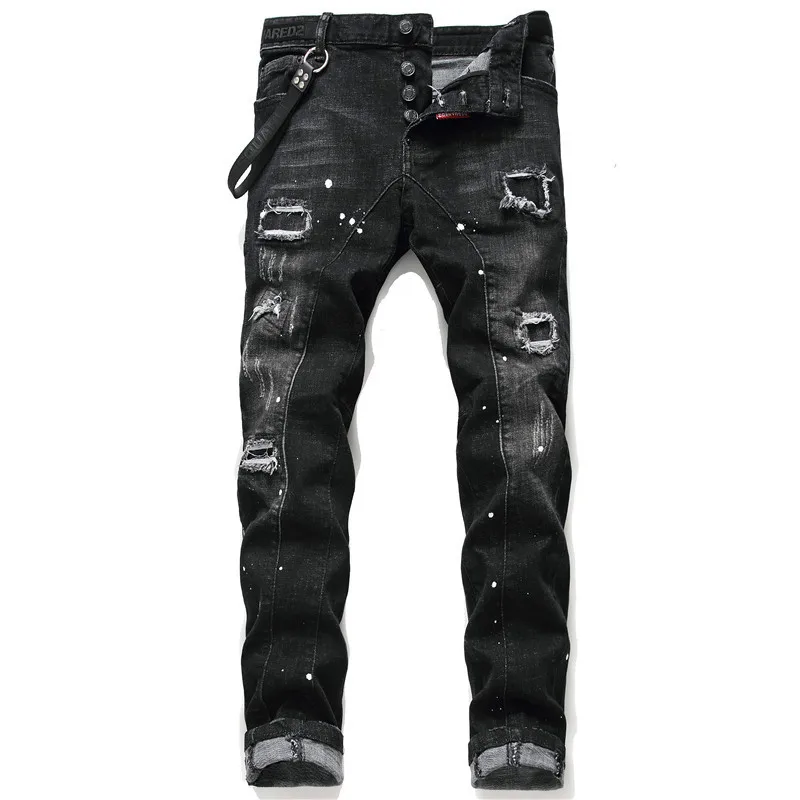 New Quality Men Holes Stretch Denim Casual Jeans Men Black Skinny Denim Jeans Luxury Brand Street Wear Ripped Fit Jeans Pants