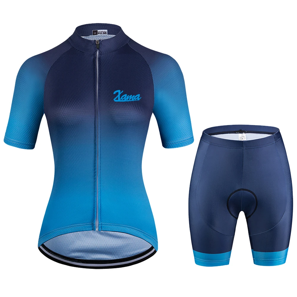 

2021Xama Pro Women's Black Blue Gradient Color Short Sleeve Cycling Jersey Sets Conjunto Feminino Ciclismo Maillot Mujer Summer