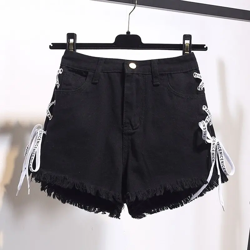 Denim Women's Spring and Summer Large Size Plump Girls High Waist Loose Wide Legs Lace-up A- line Hot Pants Fashion
