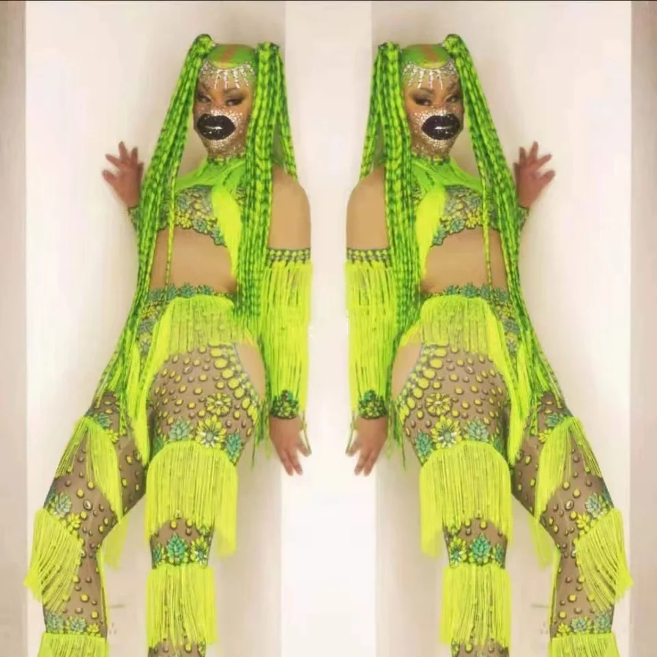 

Female Stage Performance Fringe Jumpsuit Fluorescent Green Bodysuit Dance Costume Nightclub Bar DJ Singer Dancer Sexy Stage Wear