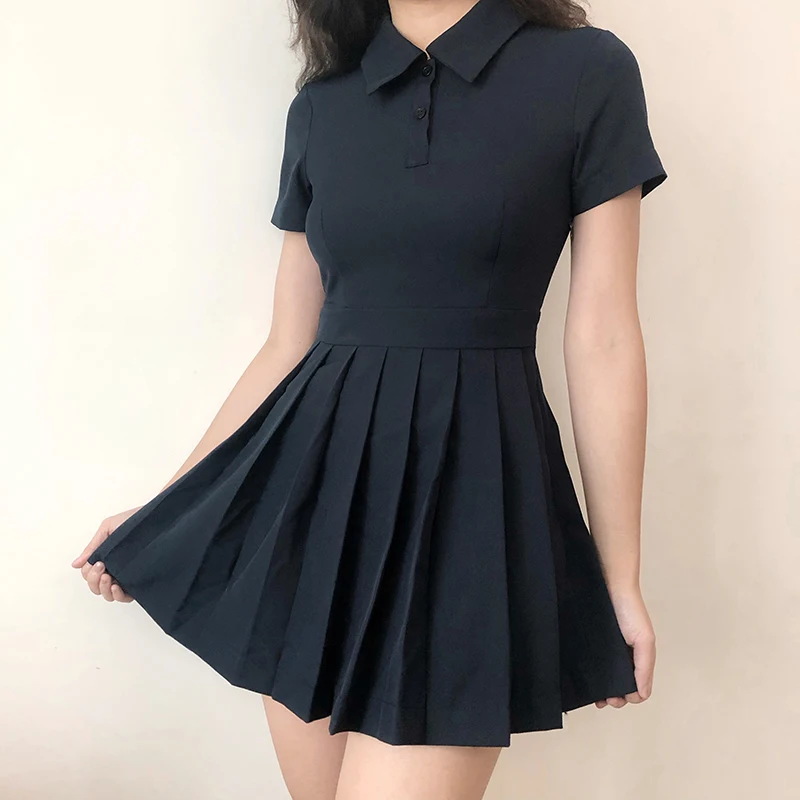 

Vintage Short Sleeved Navy Dress 2022 New Summer Pleated Short Dresses Slim High Waist Fashion Folds Casual Dress for Women