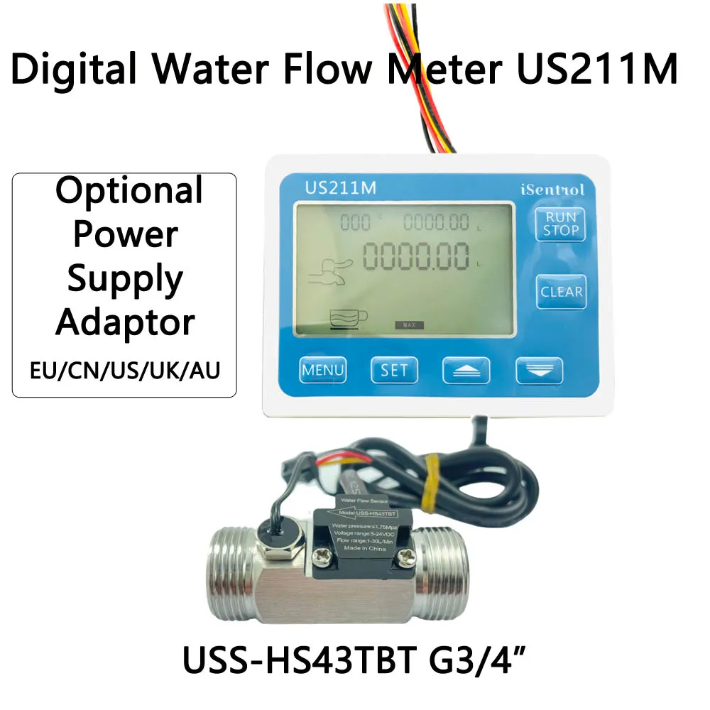 iSentrol US211M Water Flow Meter and USS-HS43TBT Hall Water Flow Sensor SUS304 G3/4
