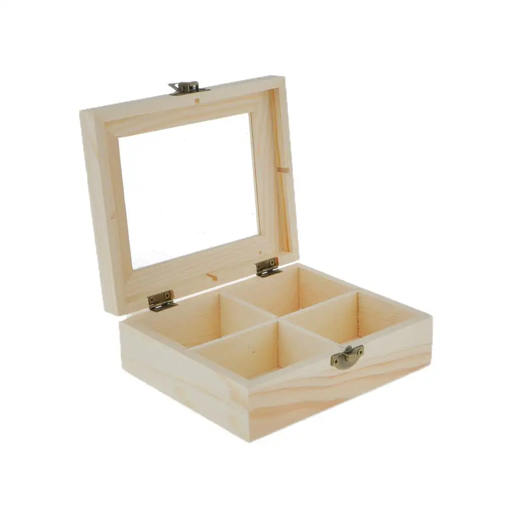 

Необработанная Неокрашенная простая деревянная коробка для ювелирных изделий, 4 ячейки, сувенир, подарок 0
