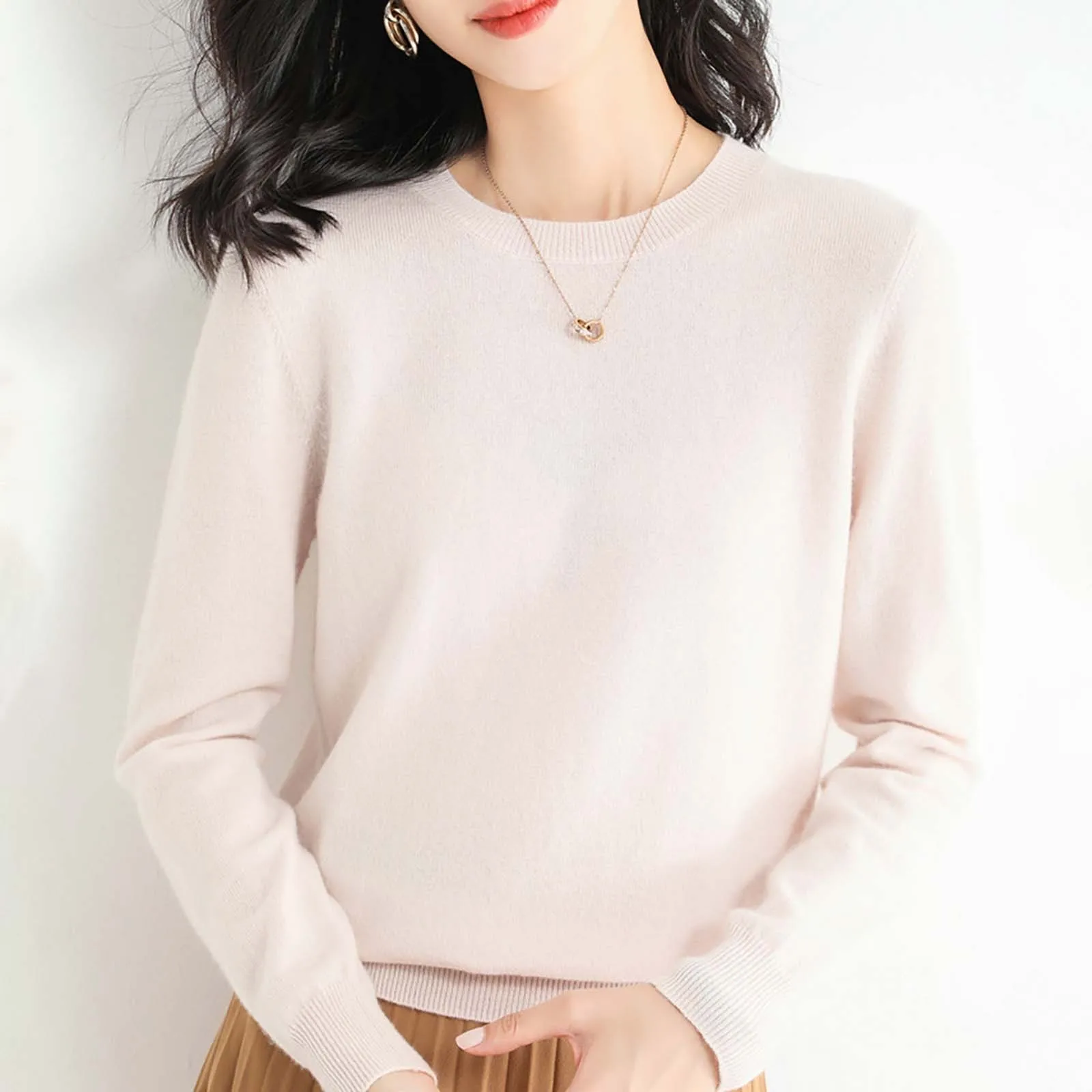 2024 женские однотонные кашемировые свитера с круглым воротником осень-зима