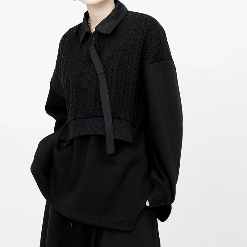 

XUXI Women Pullover Splicing Hoodie Simplicity Knitting Fashion Fake-Two Irregular Top Coat Autumn Winter 2021 E4778