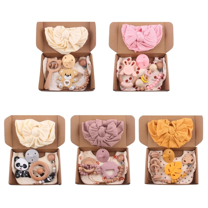 

Baby Shower Gift Silicone Pacifier Wooden Clip Chain Rattle Set for Infant Teething Relief Chewing Toy for Toddler 6Pcs GXMB