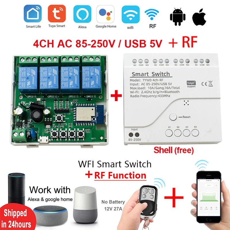 

Tuya WiFi Smart Switch 220V 4CH RF Circuit Breaker Relay Light Controller Smart Home With Alexa Google Home Key Chain 2022 New