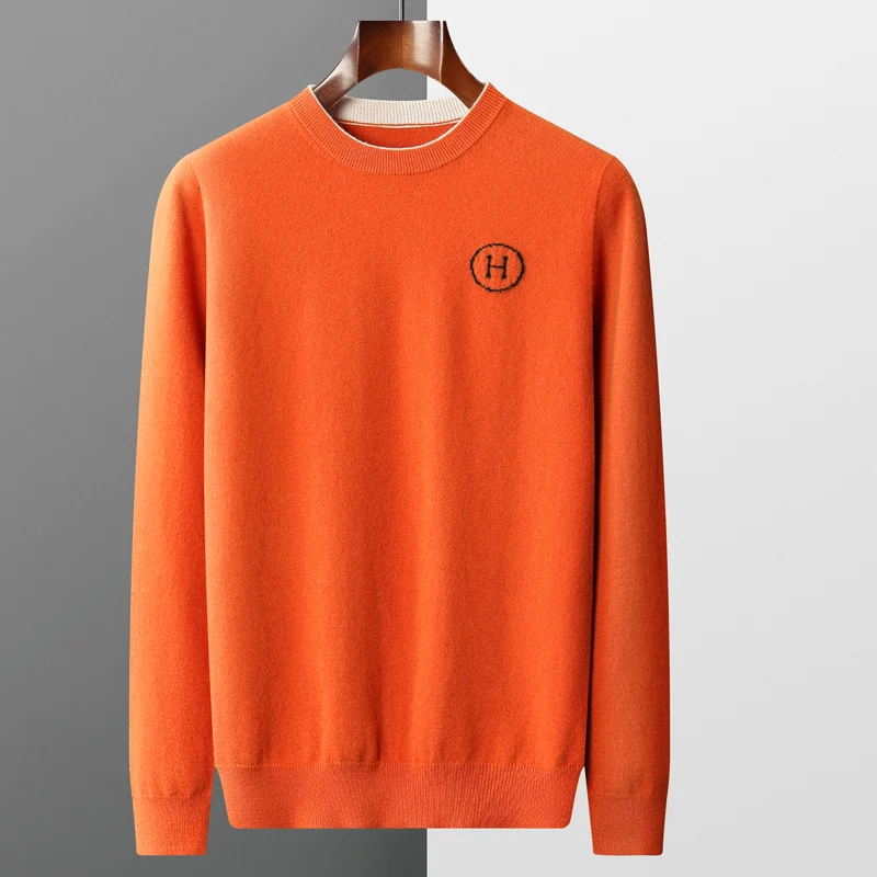 

LHZSYY Men's 100% Merino Wool Embroidered Fall Winter New Pullover O Neck Clothing Fashion Decorative Sweater Loose Casual Tops