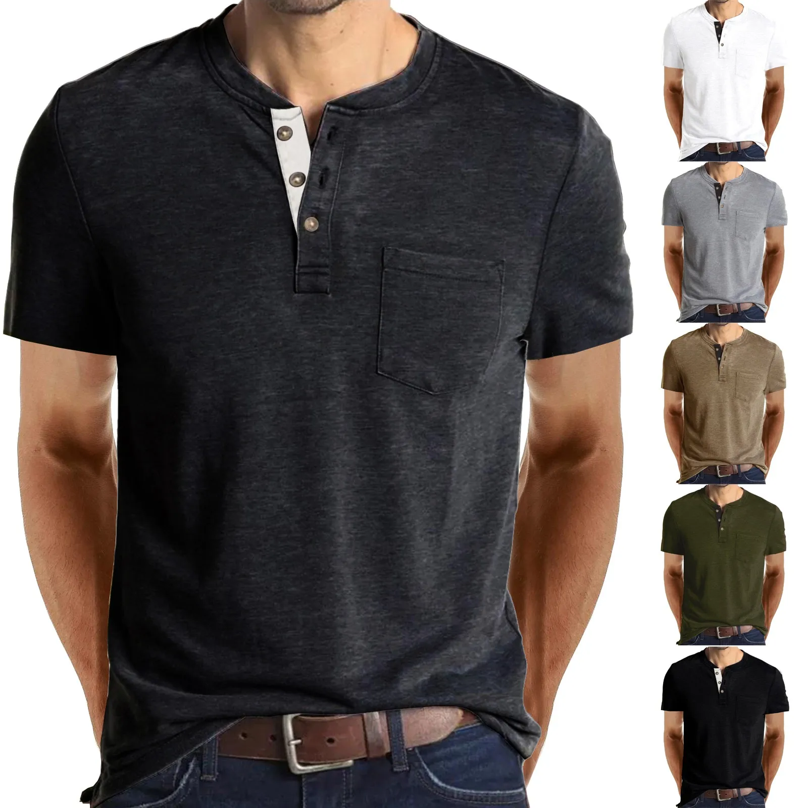 

Male Spring And Summer Retro Business Casual Travel Multi Buttons O Neck Solid Color T Shirt Short Sleeve Amazing T Shirt Men