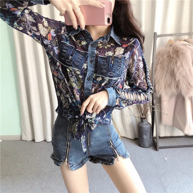 Шикарные женские шифоновые джинсовые рубашки в стиле пэчворк топы с дырками и