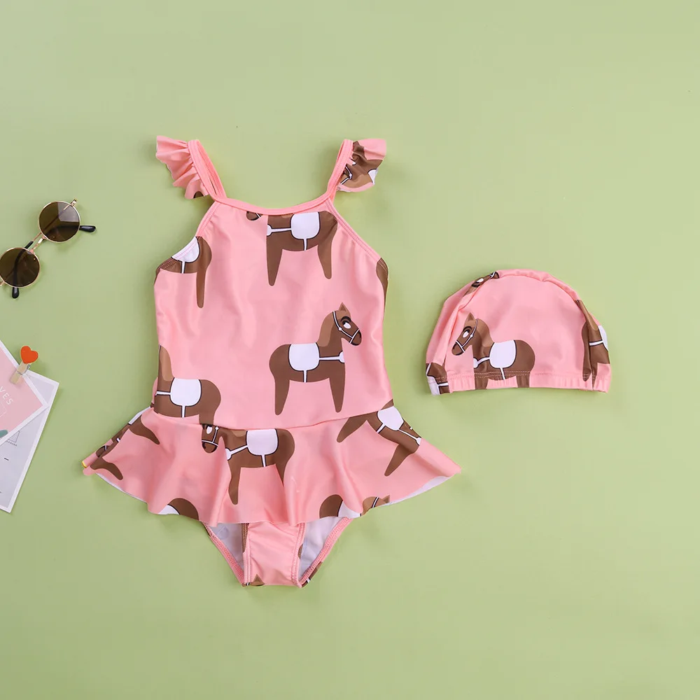 

New Girl Cartoon One-piece Swimsuit With Swimming Cap Sweet Cute Cartoon Girl Children's swimwear