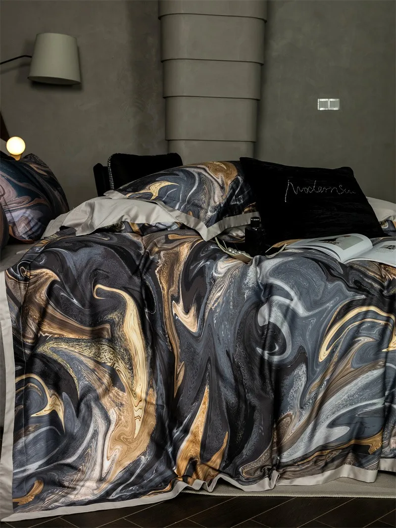 Постельное белье 1000TC из египетского хлопка с мраморным принтом 4 шт. Комплект