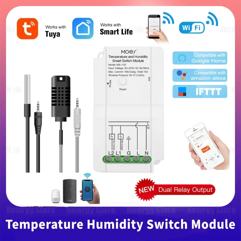 

Умный Wi-Fi модуль переключателя температуры и влажности Tuya, сенсорный двойной релейный выход, беспроводной контроллер, работает с Alexa Google, 2022