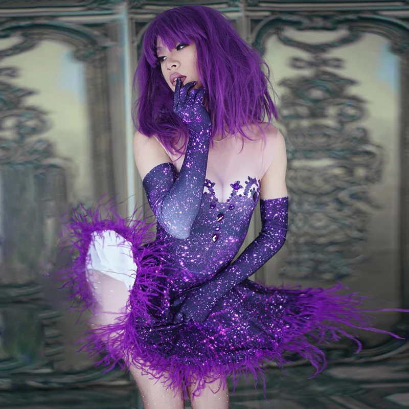 

Sexy Women Dance Team Ballroom Costume Purple Crystals Feather Short Dress Female Stage Wear Party Show Performance Dance Outfit
