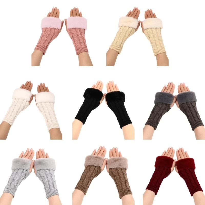 

Women Knitted Fingerless Gloves Autumn Winter Furry Thumbhole Arm Warm Sleeves Long Fingerless Mittens Female Solid Color Gloves
