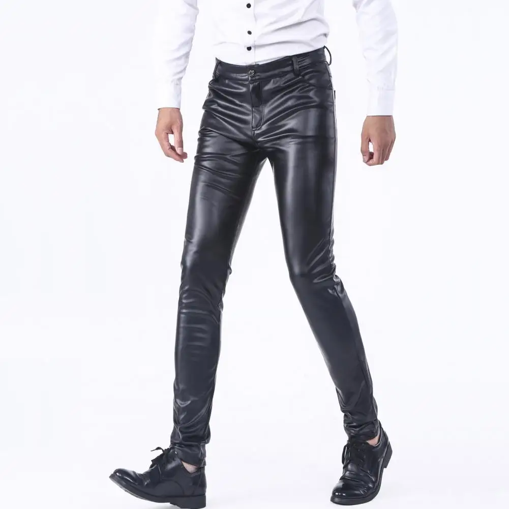 

Men Pants Faux Leather Smooth Solid Color Slim Fit Pockets Mid Waist Elastic Motocycle Streetwear Club Long Trousers Biker's