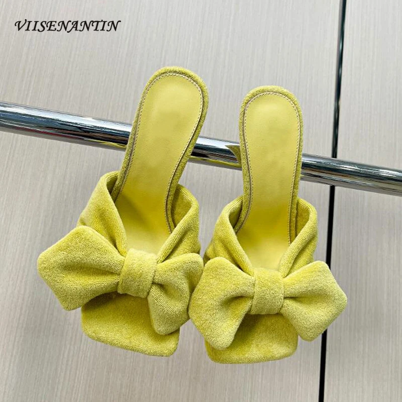 

Candy Color Lady Mules Shoes Cute Butterfly Knot Runway Shoes Woman Open Toe High Heel Women Slippers Fashion Holiday Party Shoe