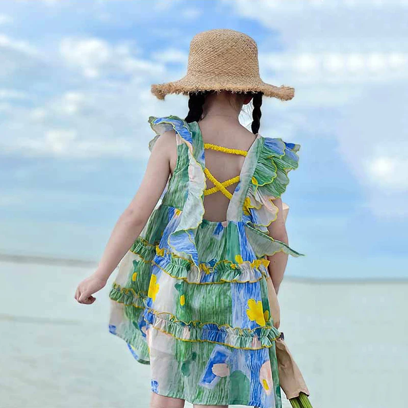 

Summer NEW Dresses Kids Clothes Girls Asymmetrical Back Straps Backless Princess Dress 3-7 Years Flower Multi-layered Clothings