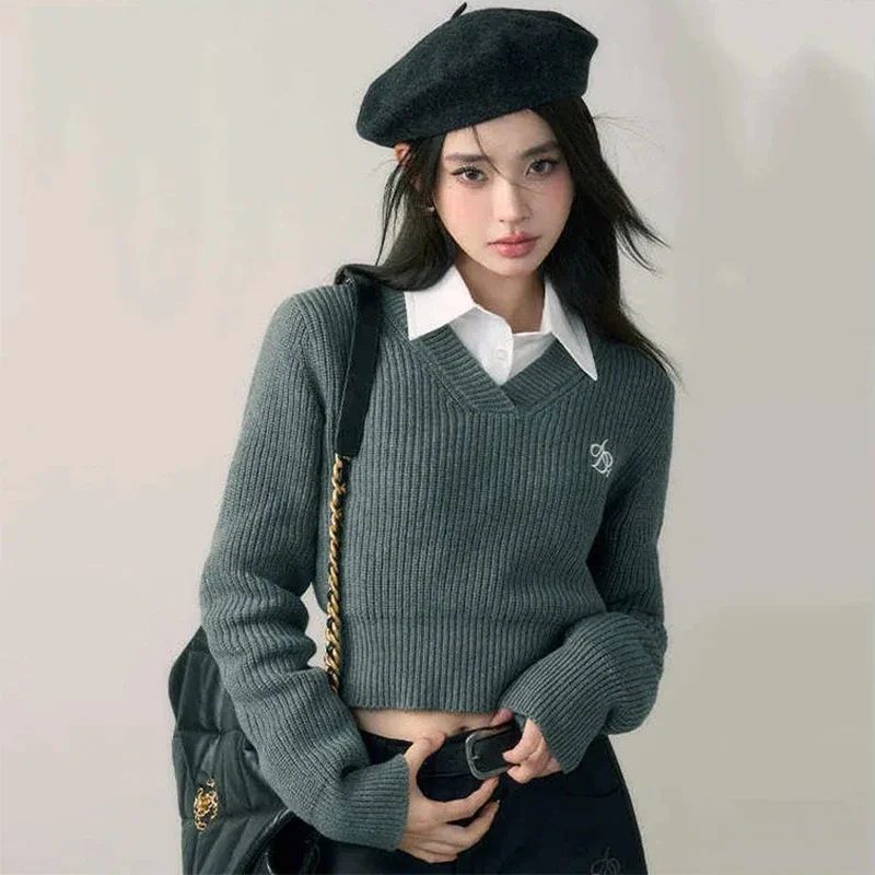 

Harajuku Cropped Sweater Women Solid V Neck Knitted Pullovers Vintage Preppy Slim Knitwears Korean Basic Black Grey Jumper Tops