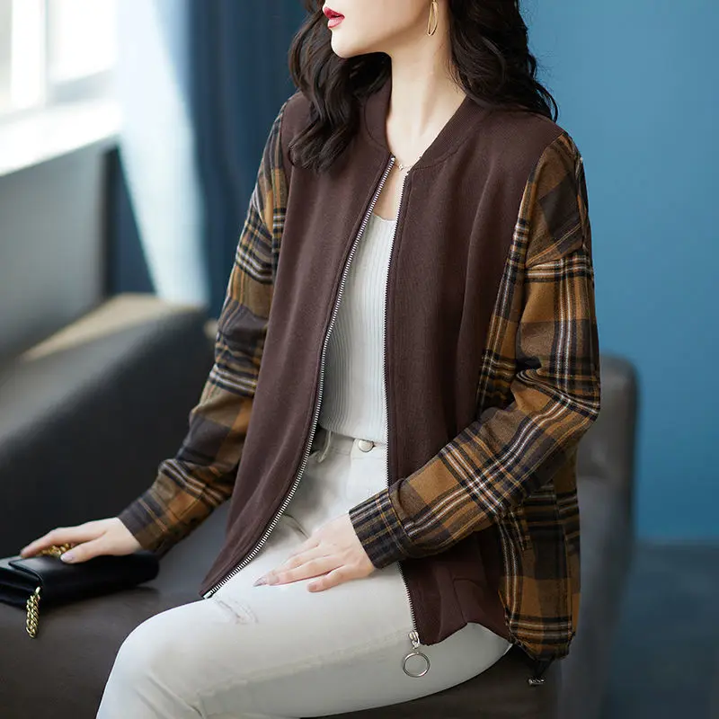 

Женская демисезонная бейсбольная куртка, базовое пальто на молнии, свободная клетчатая куртка-бомбер, женская верхняя одежда, топы Casiotone Femme...