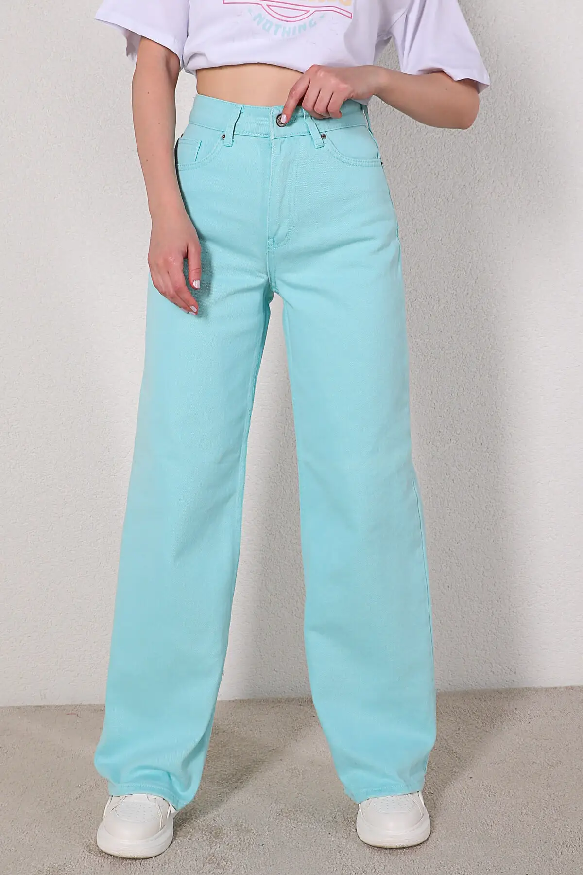 

Women's Jean Baby Blue High Waist Full Length Straight Pant Streetwear Female Buttons Zipper Ladies