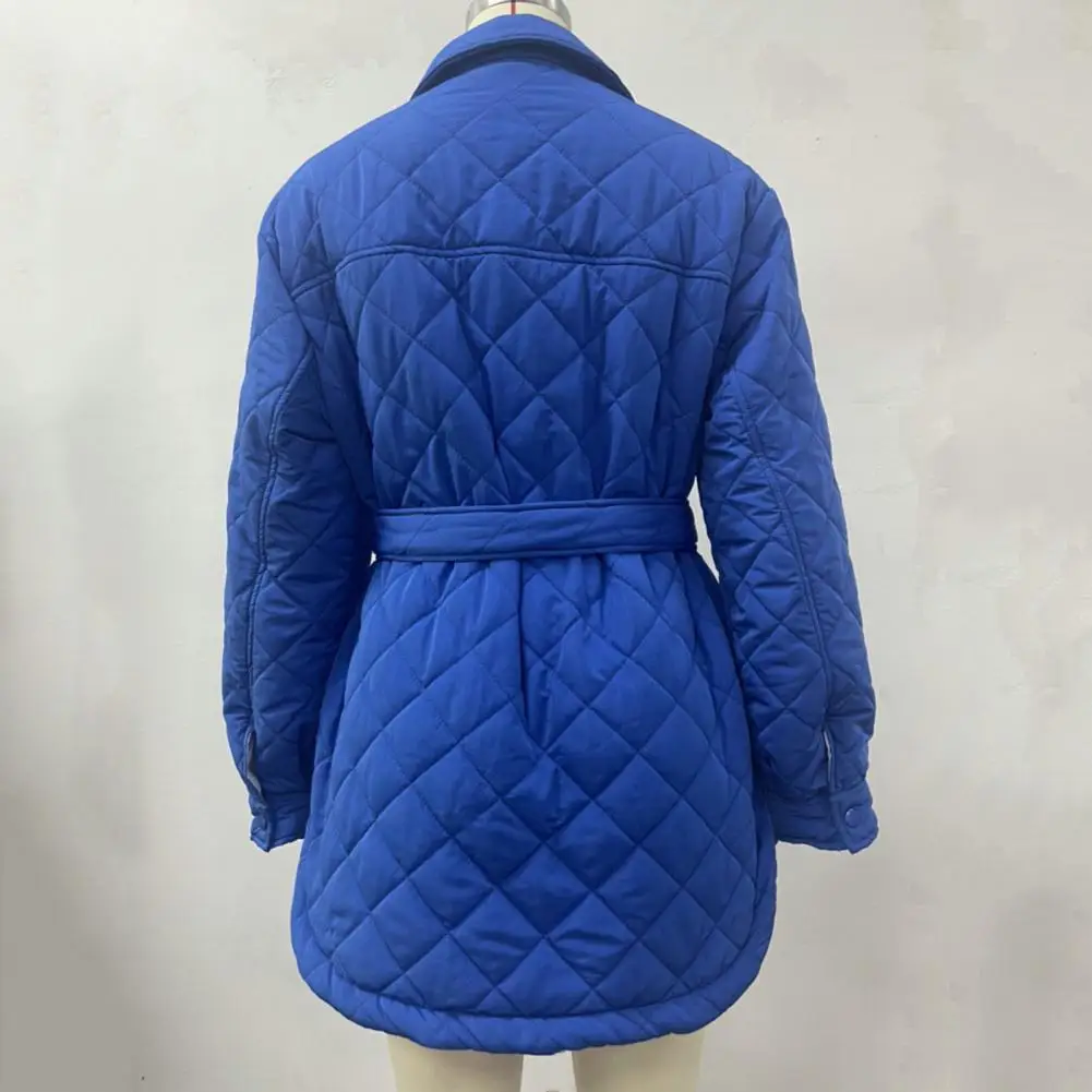 Women Down Coat Solid Color Lapel Padded Belt Cardigan Keep Wram Single-breasted Flap Pocket Autumn Coat for Outdoor