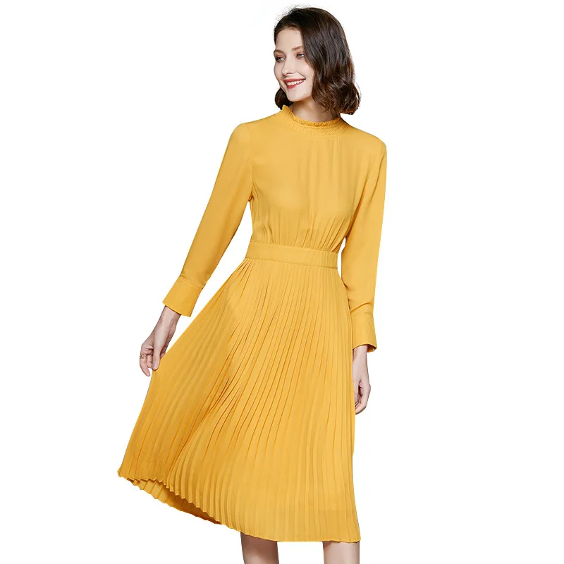 

2020 new women's quality fashion medium and long sleeve long sleeve ear collar lemon yellow slim dress