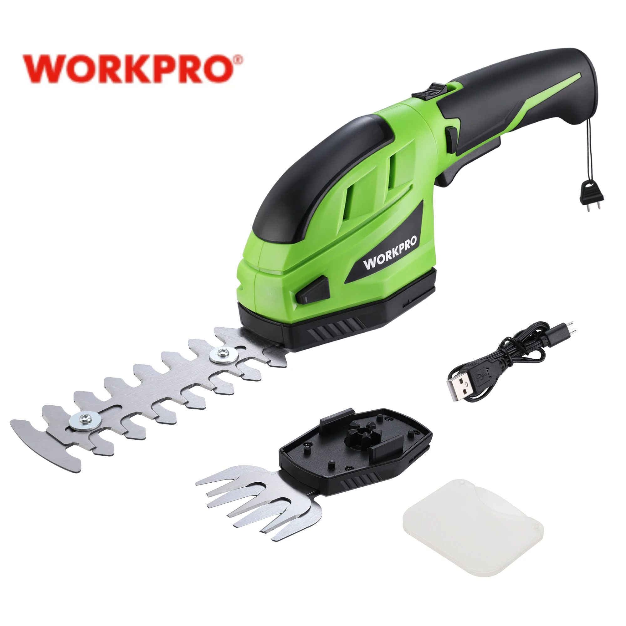 WORKPRO Battery Grass and Shrub Shears, Handy Grass Shears, 3.6V, 2000 mAh, 2 Different Blades, with Battery and Charging Cable