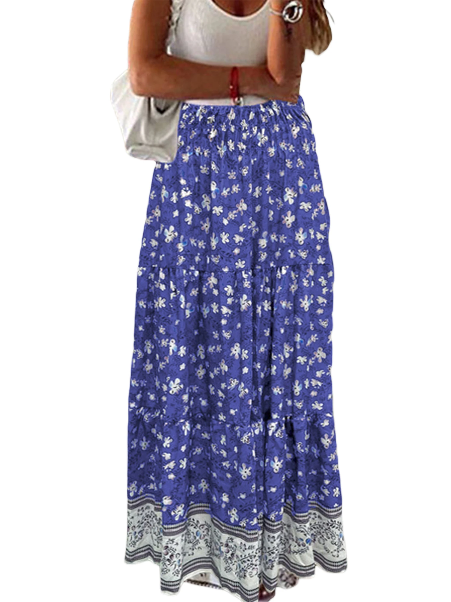 

Women s Floral Print Maxi Skirt with Ruffled Hem and Elastic High Waistband - Stylish Bohemian A-Line Long Skirt for Beaches