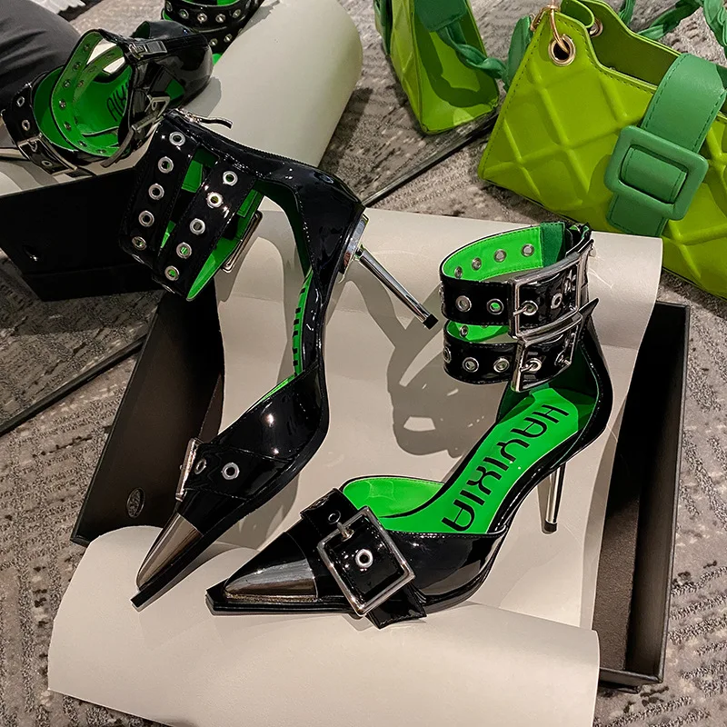 

2022 summer European and American style new pointed toe high heels women's stiletto baotou hollow metal iron toe patent leather