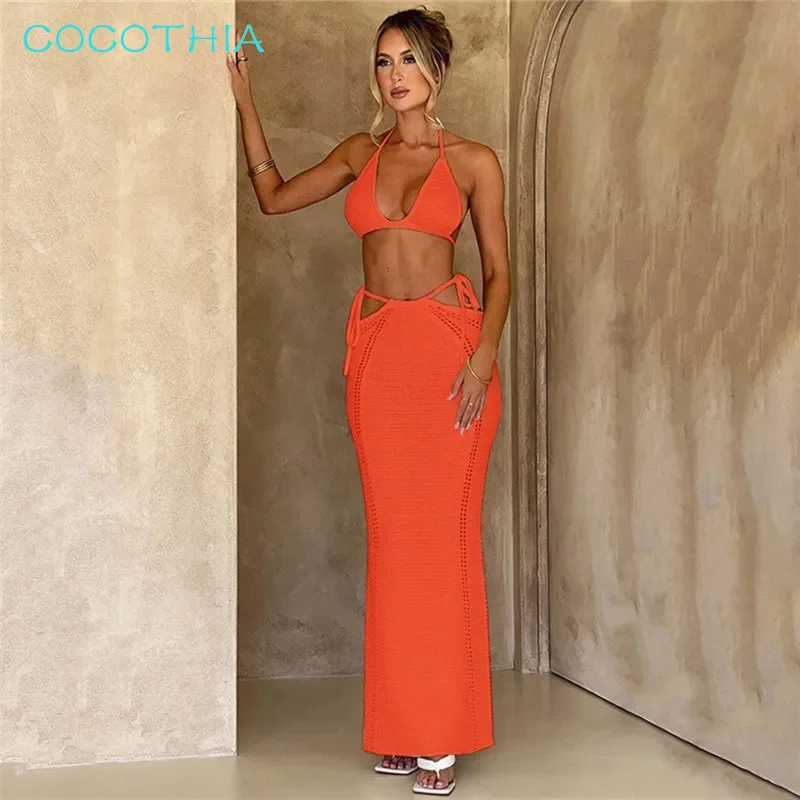 

COCOTHIA Halter Sleeveless Deep V Neck Backless Lace Up Slim Fit Crop Top Camisole Hip Long Skirt Street Trendsetter 2 Piece Set