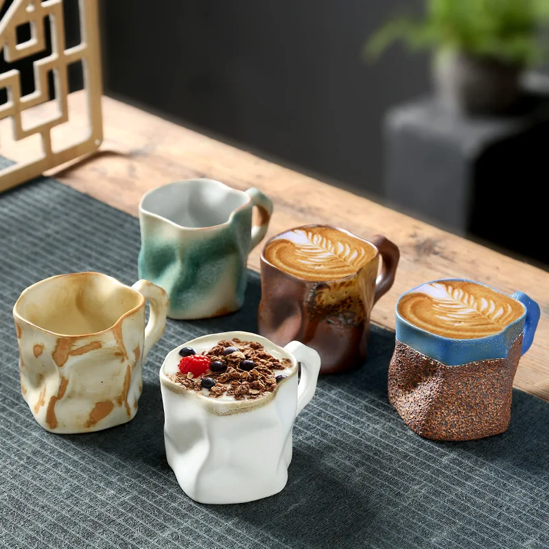 

Irregular Shape Ceramic Tea Coffee Cups Retro Drinkware Milk Coffee Mug Home Kitchen Desktop Juice Cup Spoons Handheld Type Mugs