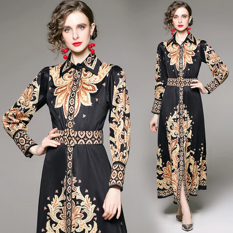 

Design Chic Evening Party Long Sleeve Turn-down Collar Shirt Maxi Dress Office Women Black Single Breasted Vintage Printed Dress