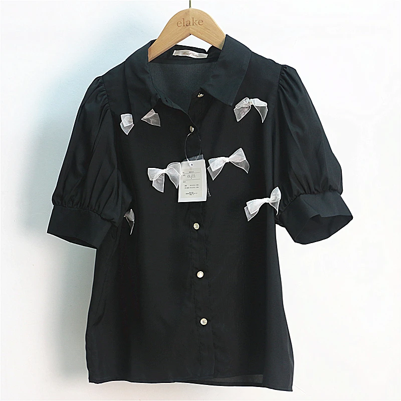 Японский продукт Rojita летняя блузка с бантом и коротким рукавом Однотонная Милая