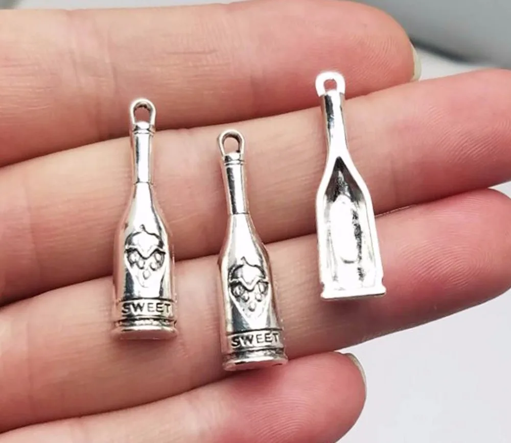 Подвеска в виде винной бутылки с серебряным покрытием, 20 шт./лот, 9x30 мм Подвеска в виде винной бутылки с серебряным покрытием, 20 шт./лот, 9x30 мм