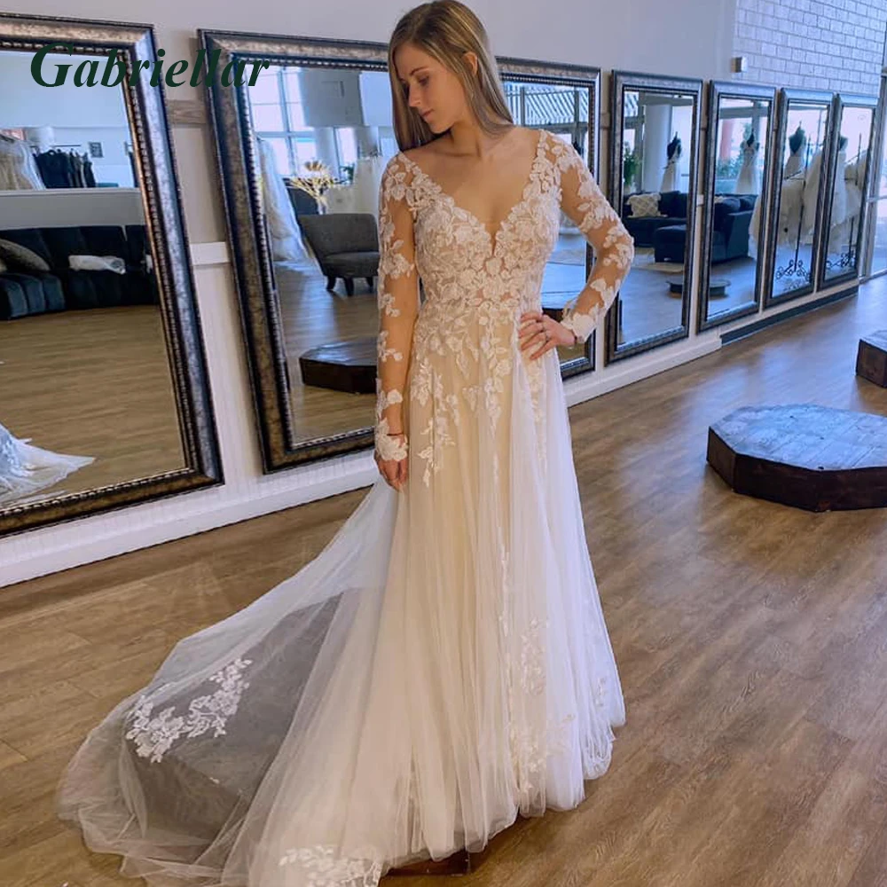 

Gabriellar Exquisite Wedding Gown Full Sleeves Appliques V-Neck Keyhole Back A-line Illusion Vestido De Novia Custome Made