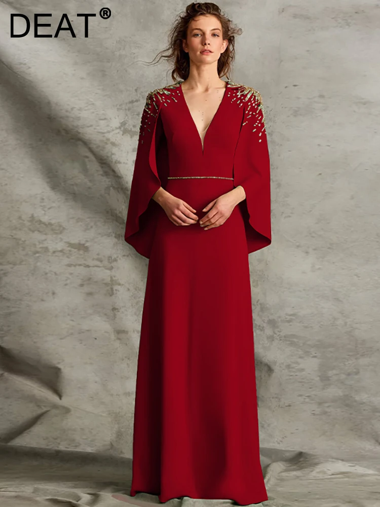 

DEAT Women's Fashion Evening Dress V-neck Shawl Split Patchwork Dresses Embroidery Female Wedding Autumn 2023 New 13DB3104